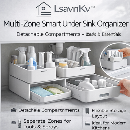 LsavnKv™ Multi-Zone Smart Under Sink Organizer with Detachable Compartments for Tools & Essentials