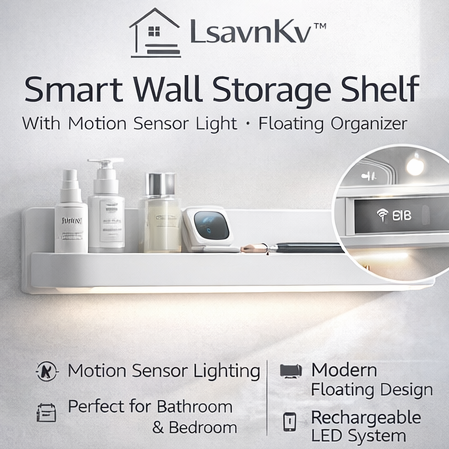 LsavnKv™ Smart Wall Storage Shelf with Motion Sensor Light, Floating Organizer for Bathroom & Bedroom