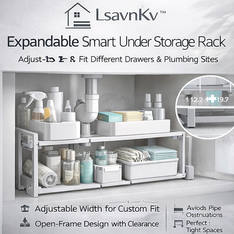 LsavnKv™ Expandable Smart Under Sink Storage Rack with Adjustable Width for Cabinets & Tight Spaces