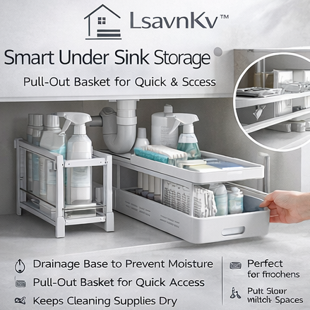 LsavnKv™ Smart Under Sink Storage with Pull-Out Basket & Drainage Base for Cleaning Supplies