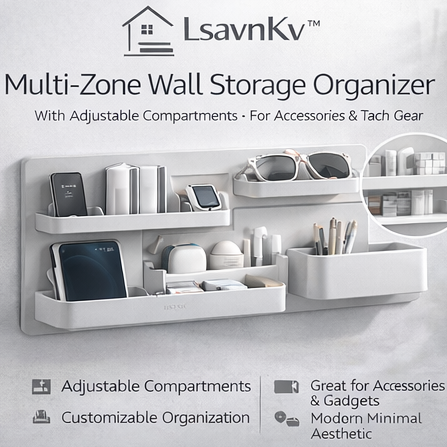 LsavnKv™ Multi-Zone Wall Storage Organizer with Adjustable Compartments for Accessories & Tech Gear